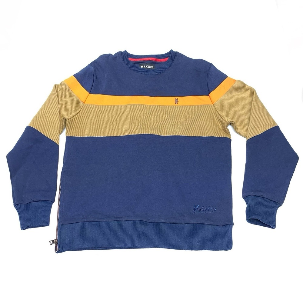 Makobi Crewneck Sweatshirt Mens S Blue Brown Striped Pullover Side Zip Heavy